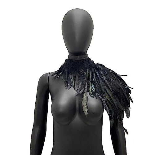 MoreChioce Damen-Schal mit Natürlichen Federn, Federumhang Gothic Federschal Karnevalskostüm Federn Cape Schal Kragen Feder Umhang Cape Halloween Kostüm Accessoires,Schwarz von MoreChioce