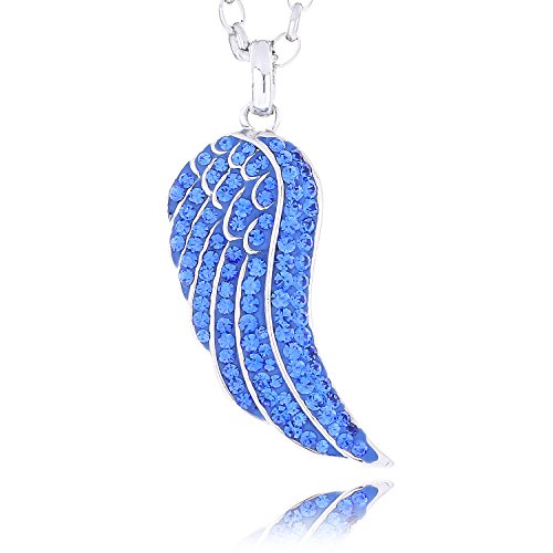 Morella Damen Halskette Engelsflügel mit Zirkoniasteinen blau und Samtbeutel von Morella
