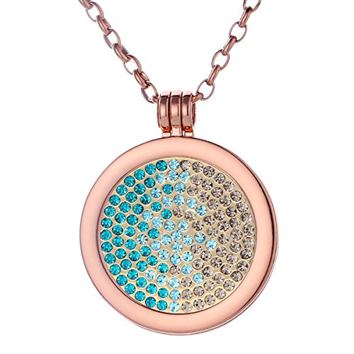 Morella Damen Halskette Rosegold 70 cm Edelstahl und Anhänger mit Coin Zirkoniasteine grün-blau-Silber 33 mm im Schmuckbeutel von Morella