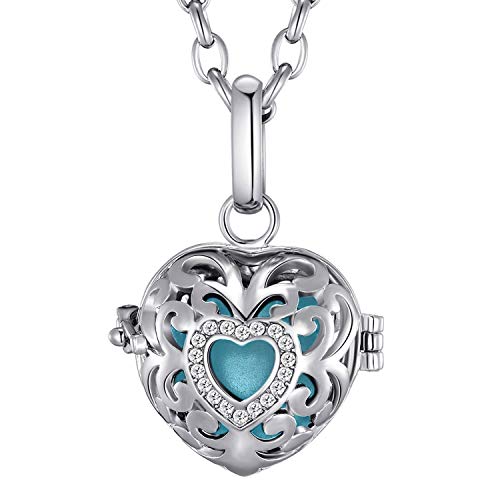 Morella Damen Schutzengel Halskette Edelstahl 70 cm mit Anhänger Herz Liebe und Klangkugel hellblau Ø 16 mm in Schmuckbeutel von Morella