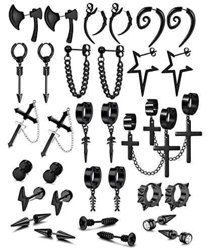 Morfetto 16 Paar Y2K Punk Schwarze Ohrringe für Männer Frauen Herren Ohrringe Edelstahl Coole Goth Ketten Ohrringe Ohrstecker Baumeln Creolen Schmuck Piercing Set von Morfetto