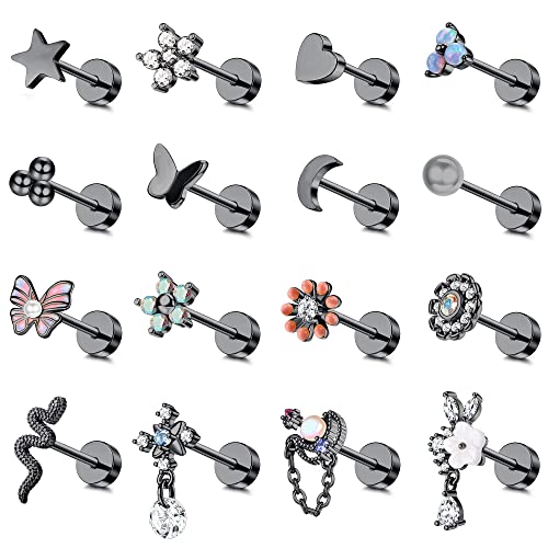 Morfetto 16 Stücke 18G Knorpel Ohrringe für Frauen Männer 316L Edelstahl Ohrstecker Hypollergene Schlange Mond Blume CZ Schraube FlatBack Ohrringe Baumeln Muschel Helix Tragus Piercing Schmuck Schwarz von Morfetto