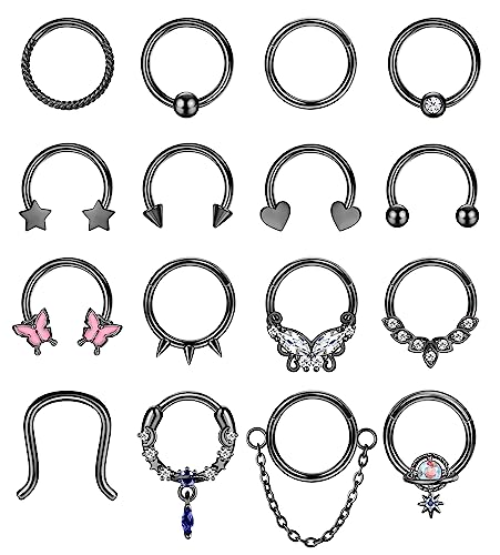 Morfetto 16G Septumringe für Frauen Chirurgischer Stahl Septum Schmuck Klappbare Nasenringe Reifen Stern Herz Hufeisen Daith Tragus Helix Knorpel Creolen Septum Piercing Schmuck Schwarz von Morfetto