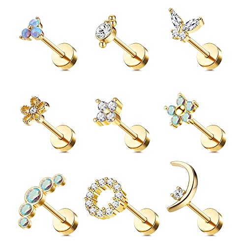 Morfetto 16G Knorpel Ohrstecker für Frauen 316L Edelstahl Schraube Flache Rückseite Ohrringe Schmetterling Mond Blume Opal Knorpel Tragus Daith Helix Piercing Ohrringe Gold von Morfetto