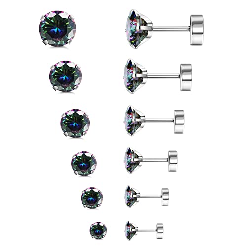 Morfetto 6 Paar G23 Titan Flache Rückseite Ohrstecker für Frauen Männer Titan Runde CZ AB Knorpel Ohrstecker Hypoallergene Schraube Zurück Ohr Piercing Set 20G 2-8MM AB von Morfetto