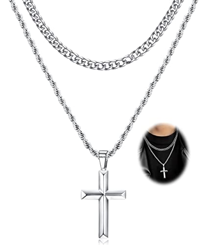 Morfetto 925 Sterling Silber Kreuz Halskette für Männer Frauen Edelstahl Diamantschliff Kubanische Gliederkette Seilkette Abgeschrägte Kruzifix Anhänger Halskette Schmuck 26 Zoll von Morfetto