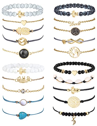 Morfetto 20 Stück geschichtetes Armbandset für Damen Mehrfach stapelbares Wickelarmband Schildkröte Ananas Türkis Herz Pfeil Feder Lotus Sortierte Perlenarmbänder Verstellbarer Schmuck Schwarz von Morfetto