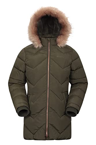 Mountain Warehouse Galaxy gefütterte, gepolsterte Fleece-Kinderjacke – wasserdichte Winter Steppjacke für Mädchen & Jungen, Kapuze aus Kunstfell, Longline Dunkel Khaki 5-6 Jahre von Mountain Warehouse