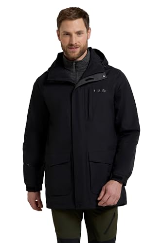 Mountain Warehouse Glacier Extreme Herren Lange wasserdichte atmungsaktive Jacke mit Kapuze Anorak Regenmantel Freizeit Sport Wander Walking Camping Schwarz Large von Mountain Warehouse