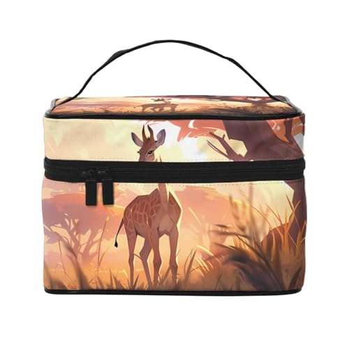 Mouxiugei Afrikanische Savanne Giraffe Kalb tragbare Make-up-Tasche – elegante Reise-Kosmetiktasche mit großem Fassungsvermögen, Make-up-Taschenset, Make-up-Tasche für Frauen, Afrikanische Savanne von Mouxiugei