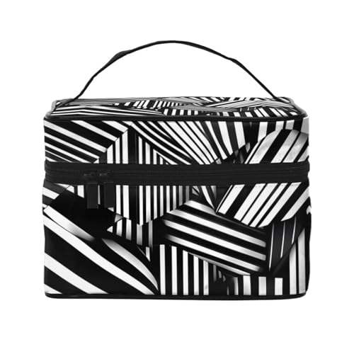 Mouxiugei Schwarze und weiße geometrische Linien, tragbare Make-up-Tasche – elegante Reise-Kosmetiktasche mit großem Fassungsvermögen, Make-up-Taschen-Set, Make-up-Tasche für Frauen, Schwarz-weiße von Mouxiugei