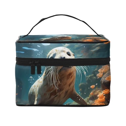 Mouxiugei Seal Pup In Water tragbare Make-up-Tasche – elegante Reise-Kosmetiktasche mit großem Fassungsvermögen, Make-up-Taschen-Set, Make-up-Tasche für Frauen, Welpe im Wasser versiegeln, von Mouxiugei