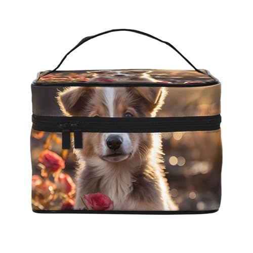 Mouxiugei Tragbare Make-up-Tasche, Motiv: Hunde und Rosen, elegante Reise-Kosmetiktasche mit großem Fassungsvermögen, Make-up-Tasche für Damen, Hunde und Rosen, Einheitsgröße von Mouxiugei