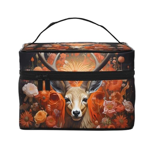 Mouxiugei Tragbare Make-up-Tasche mit Antelope und Blumen, elegante Reise-Kosmetiktasche mit großem Fassungsvermögen, Make-up-Tasche für Damen, Antilope Und Blumen, Einheitsgröße von Mouxiugei