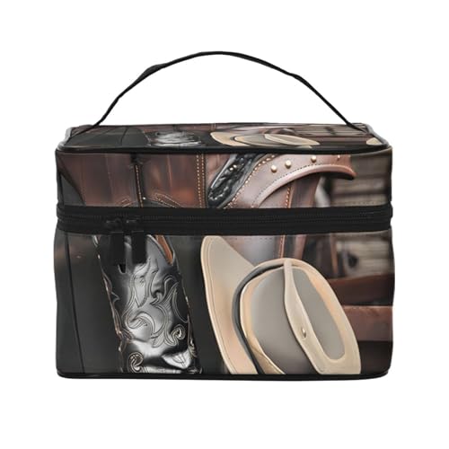 Mouxiugei Tragbare Make-up-Tasche mit Cowboyhut und Westernstiefeln – elegante Reise-Kosmetiktasche mit großem Fassungsvermögen, Make-up-Tasche für Damen, Cowboy Black Hat Western Boots, Einheitsgröße von Mouxiugei