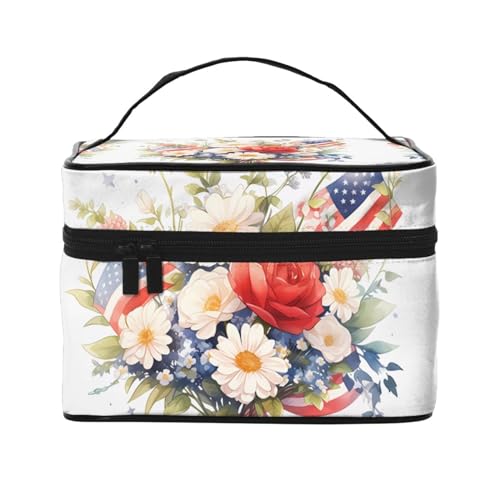 Mouxiugei Tragbare Make-up-Tasche mit Flaggen und Blumen – elegante Reise-Kosmetiktasche mit großem Fassungsvermögen, Make-up-Taschen-Set, Make-up-Tasche für Frauen, Flaggen und Blumen, Einheitsgröße von Mouxiugei