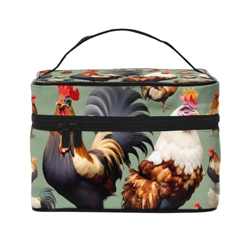 Mouxiugei Tragbare Make-up-Tasche mit Hahn und Huhn – elegante Reise-Kosmetiktasche mit großem Fassungsvermögen, Make-up-Tasche für Damen, Hahn und Huhn, Einheitsgröße von Mouxiugei