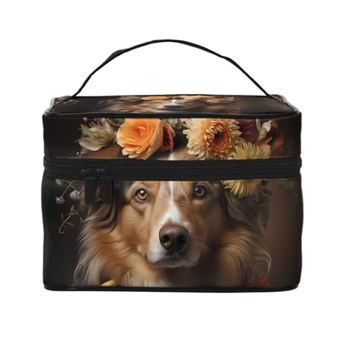 Mouxiugei Tragbare Make-up-Tasche mit Hundemotiv und Blumen, elegante Reise-Kosmetiktasche mit großem Fassungsvermögen, Make-up-Tasche für Damen, Hund Mädchen mit Blumen, Einheitsgröße von Mouxiugei