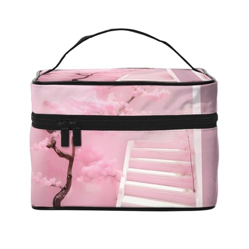 Mouxiugei Tragbare Make-up-Tasche mit Kirschblüte, weiße Treppe – elegante Reise-Kosmetiktasche mit großem Fassungsvermögen, Make-up-Tasche, Make-up-Tasche für Damen, Kirschblüte weiße Treppe, von Mouxiugei