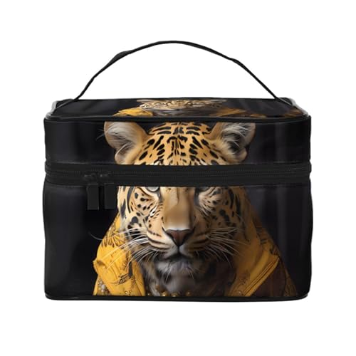 Mouxiugei Tragbare Make-up-Tasche mit Leopardenmuster in Lederjacke – elegante Reise-Kosmetiktasche mit großem Fassungsvermögen, Make-up-Tasche für Damen, Leopard In Einer Lederjacke, Einheitsgröße von Mouxiugei