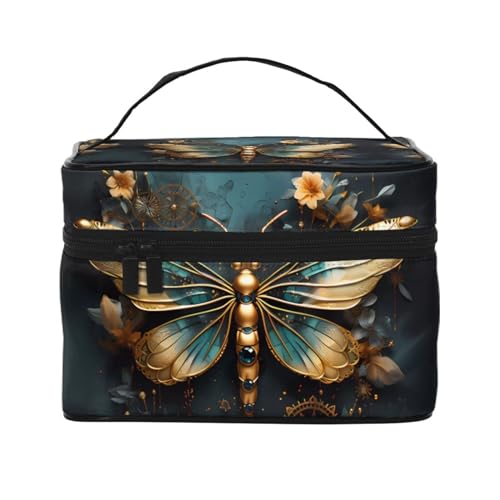 Mouxiugei Tragbare Make-up-Tasche mit Libellen-Blume, elegante Reise-Kosmetiktasche mit großem Fassungsvermögen, Make-up-Tasche für Damen, goldfarben, Goldfarbene zarte Libelle Blume, Einheitsgröße von Mouxiugei