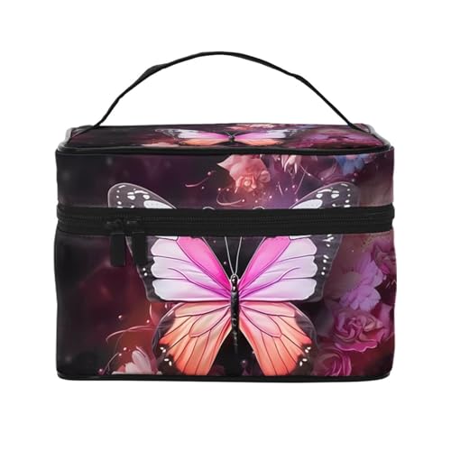 Mouxiugei Tragbare Make-up-Tasche mit Schmetterlingen und Blumen – elegante Reise-Kosmetiktasche mit großem Fassungsvermögen, Make-up-Taschen-Set, Make-up-Tasche für Damen, Schmetterlinge und Blumen, von Mouxiugei