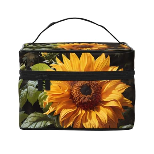 Mouxiugei Tragbare Make-up-Tasche mit gelber Sonnenblume auf braunem Hintergrund, elegante Reise-Kosmetiktasche mit großem Fassungsvermögen, Make-up-Tasche für Damen, Gelbe Sonnenblume auf einem von Mouxiugei