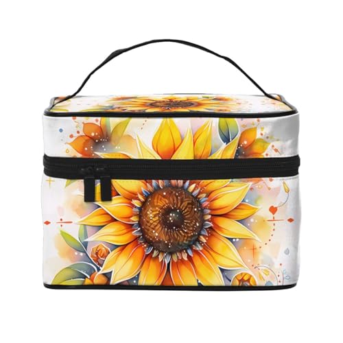 Mouxiugei Tragbare Make-up-Tasche mit gelber Sonnenblume in Öl – elegante Reise-Kosmetiktasche mit großem Fassungsvermögen, Make-up-Taschen-Set, Make-up-Tasche für Frauen, Gelbe Sonnenblume im Öl, von Mouxiugei