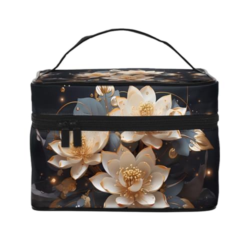 Mouxiugei Tragbare Make-up-Tasche mit goldenem Lotus, elegante Reise-Kosmetiktasche mit großem Fassungsvermögen, Make-up-Tasche für Damen, Böhmischer goldener Lotus, Einheitsgröße von Mouxiugei