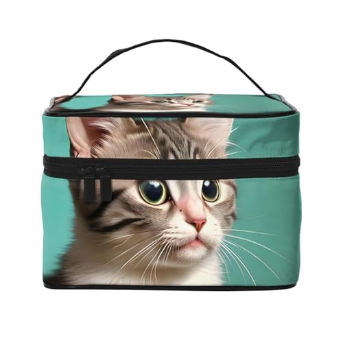 Mouxiugei Tragbare Make-up-Tasche mit neugieriger Katze – elegante Reise-Kosmetiktasche mit großem Fassungsvermögen, Make-up-Taschenset, Make-up-Tasche für Frauen, Eine neugierige Katze, Einheitsgröße von Mouxiugei