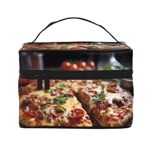 Mouxiugei Verlockende Wurst-Pizza-tragbare Make-up-Tasche – elegante Reise-Kosmetiktasche mit großem Fassungsvermögen, Make-up-Taschen-Set, Make-up-Tasche für Frauen, Verlockende Wurst-Pizza, von Mouxiugei