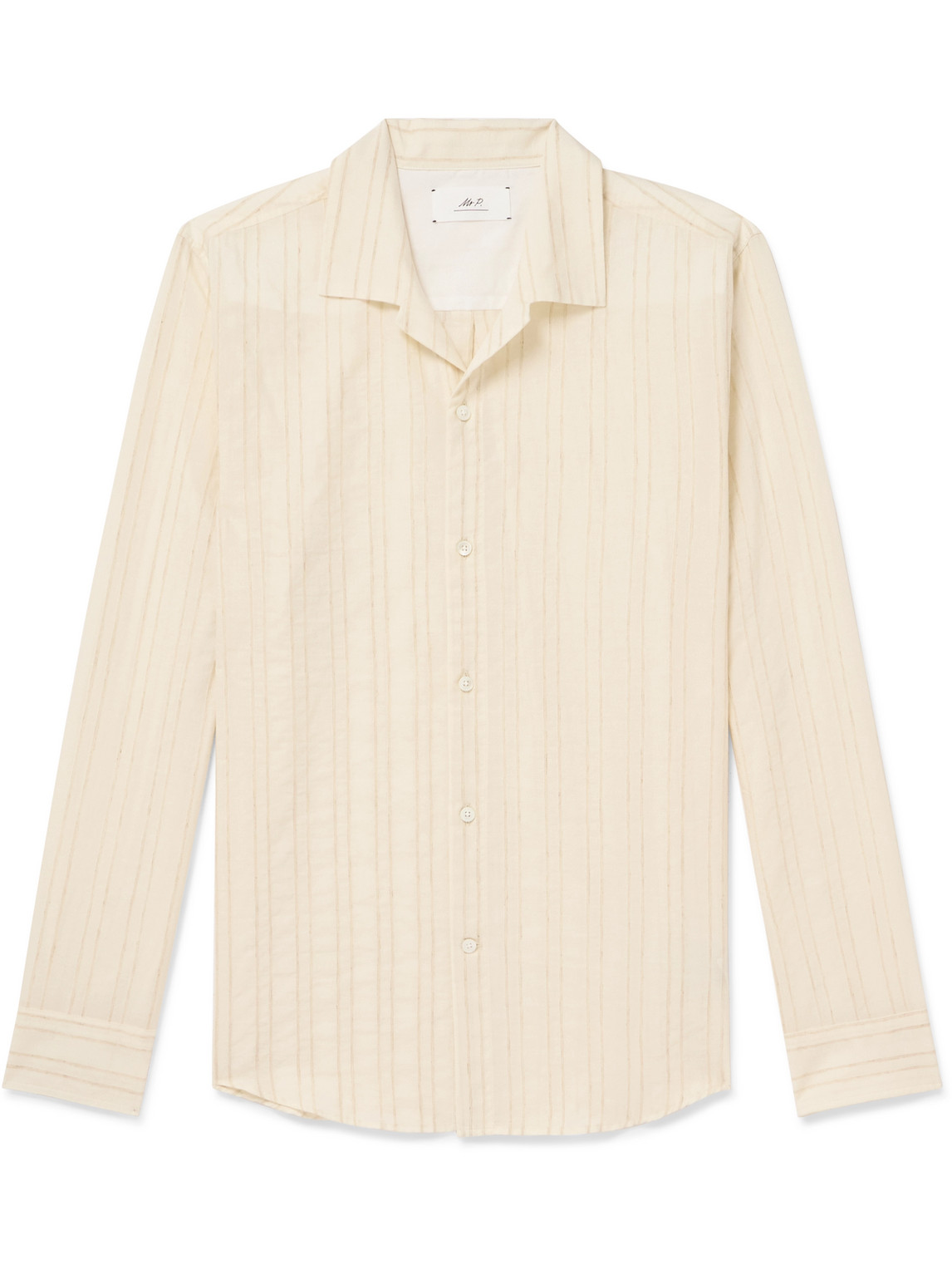 Mr P. - Camp-Collar Embroidered Striped Cotton and Linen-Blend Shirt - Men - Neutrals - L von Mr P.