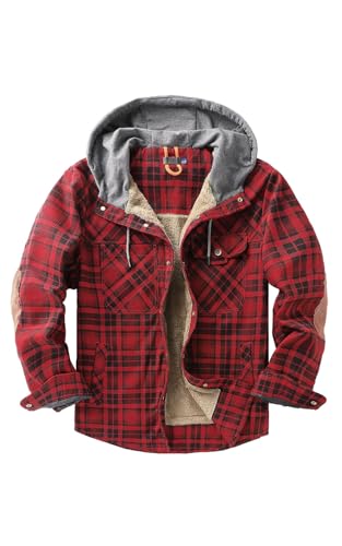 Mr.Stream Herren Kariert Hemdjacke Übergangsjacke Langarm Freizeithemden Innenfutter Check Flanellhemd Kapuze Männer Jacken 3252 Red M von Mr.Stream