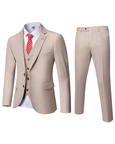 MrSure Herren 3 Stück Anzug Blazer Slim Fit Tux mit 2 Knöpfen Jacke Weste Hose & Krawatte Set für Party, Hochzeit und Business, beige, L von MrSure