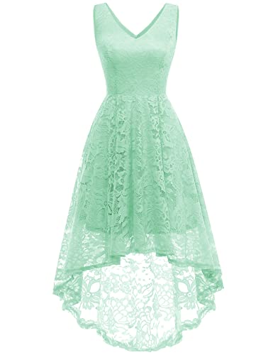 MuaDress 6666 Damen Cocktailkleid Spitzenkleid Brautjungferkleid V-Ausschnitt Festliche Abendkleider Elegant Vokuhila Hochzeit Ohne Arm Kleid Mintgrün L von MuaDress