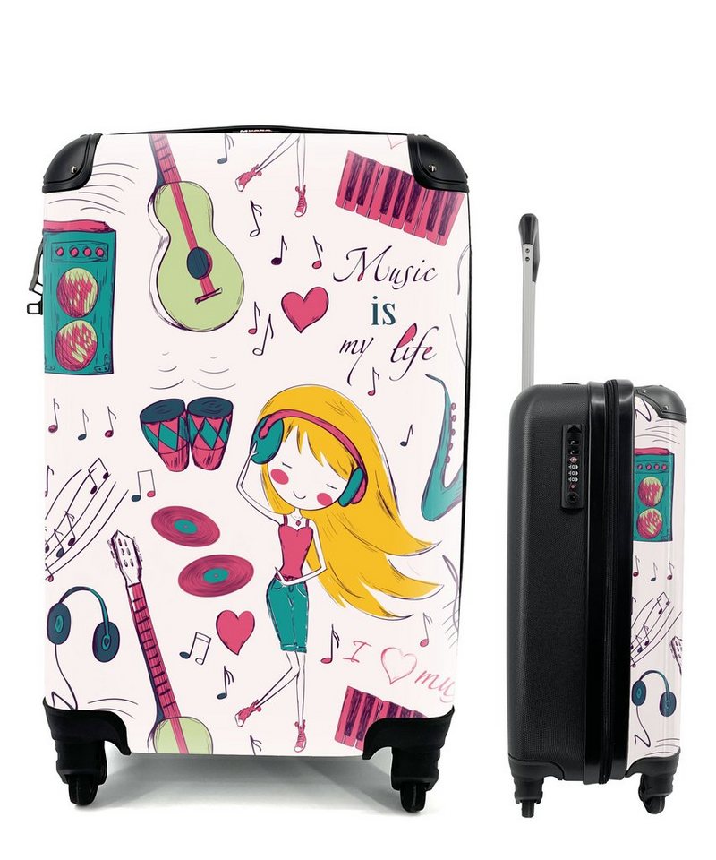 MuchoWow Handgepäckkoffer Mädchen - Musik - Kopfhörer - Muster - Mädchen - Rosa - Kinder - Kind, 4 Rollen, Reisetasche mit rollen, Handgepäck für Ferien, Trolley, Reisekoffer von MuchoWow