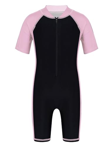 Mufeng Kinder Mädchen Badeanzug Einteiler Bademode Kurzarm Schwimmanzug mit Bein Neoprenanzug UV Schutz Schwimmen Badebekleidung A Rosa Schwarz B 128-140 von Mufeng