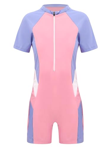 Mufeng Kinder Mädchen Badeanzug Einteiler Kurzarm Schwimmanzug mit Bein Rash Guard Bademode Schwimmen Tauchenanzug Surfen Badebekleidung I Rosa 134-140 von Mufeng