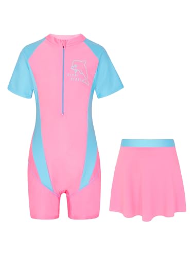 Mufeng Kinder Mädchen Schwimmanzug Kurzarm Schwimmanzug Mit Reißverschluss + Strandrock UV Schutz Bademode Surfen Strand Badebekleidung Ba Rosa M 152-164 von Mufeng