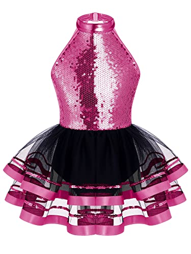 Mufeng Mädchen Glitzer Ballettkleid Ärmellos Tanzkleid mit Pailletten Neckholder Ballettanzug Tutu Rock Bühnenauftritt Tanzkleidung Ab Rose 110-116 von Mufeng