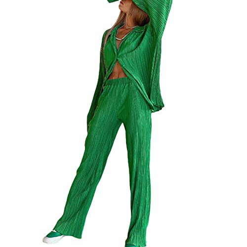 Damen 2 Stück Outfit Set Langarm Knopf unten plissiert Pullover Shirt Top und hohe Taille weites Bein Hosen Loungewear (Green, Medium) von Mugoebu