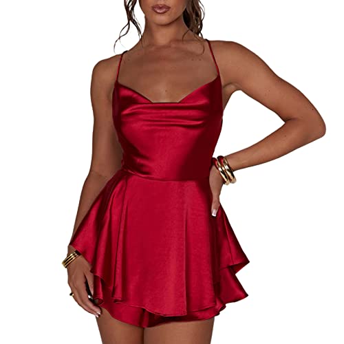 Damen Cowl Neck ärmellose Rompers Spaghetti Strap Halter Cross Tie-Up One Piece Short Jumpsuit Shorts Layer Ruffle Hem Mini Dress Romper (Red, L) von Mugoebu