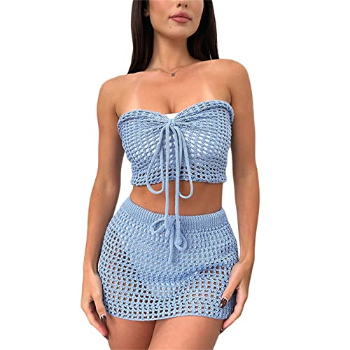 Damen Häkelstrick Rückenfreies Kleid Sommer Strand Hollow Out Bodycon Minikleid Langarm See Through Bikini Cover Up (H-Blue, M) von Mugoebu