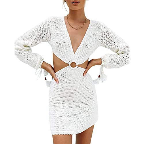 Damen Langärmliges Rückenfreies Strickkleid Buntes Streifenmuster Krawatte-Rücken Slim Fit Kleid Bodycon Strickpullover Minikleid (R-White, S) von Mugoebu