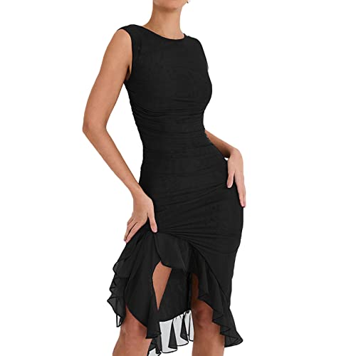Damen Rüschen Ruffle Minikleid Ärmellos Offener Rücken Bodycon Netz Rüschen Quasten Kleid Y2K Unregelmäßiger Saum Partykleid Streetwear (I-Black, M) von Mugoebu