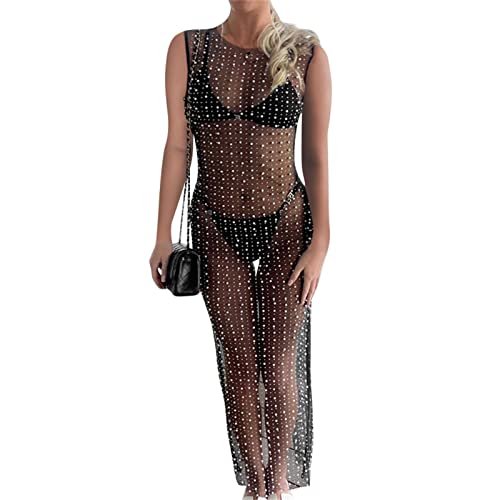 Damen Sexy See Through Mesh Pearl Beach Bikni Badeanzug Langarm Strass Cover Up Hollow Out Midi Dress (C-Black, L) von Mugoebu