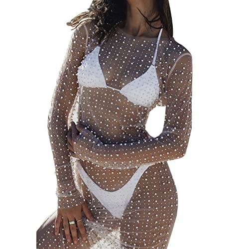 Damen Sexy See Through Mesh Pearl Beach Bikni Badeanzug Langarm Strass Cover Up Hollow Out Midi Dress (White, M) von Mugoebu