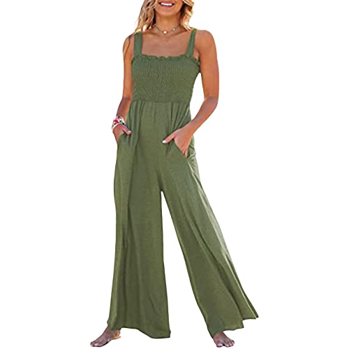 Mugoebu Ärmelloser Strampler mit eckigem Ausschnitt für Damen, gesmoktes Oberteil, Schultergurt, weites Bein, lockere Tank-Overalls mit Taschen (Green, Medium) von Mugoebu