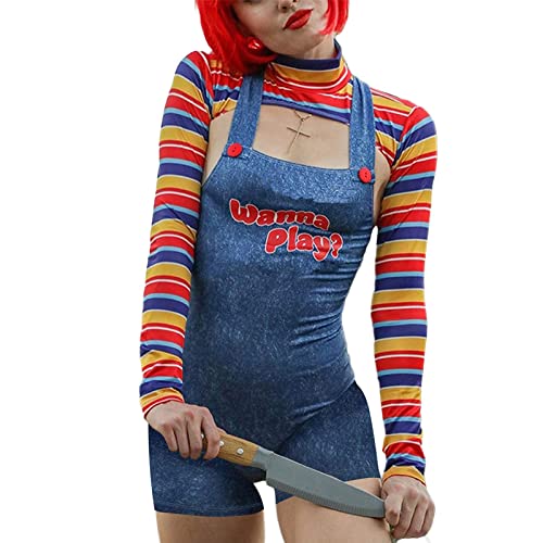 Mugoebu Damen 2 PCs Halloween Kostüme gruselige Albtraum Killer Doll wollen Filmcharakter Kleid Chucky Doll Kostüm Set Spielen (Jumpsuit, L) von Mugoebu