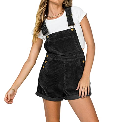 Mugoebu Damen Cord Shorts Latzhose Verstellbare Träger Baggy Lätzchen Cord Shorts Strampler Lässige kurze Hose mit aufgerolltem Bund und Taschen (Black, L) von Mugoebu